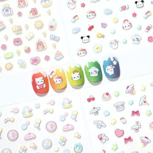 Okiyomi Kawaii Cat Nail Stickers for Kids, 3D, 4 Sheets, 274 Decals - color: 5d Hello Kt