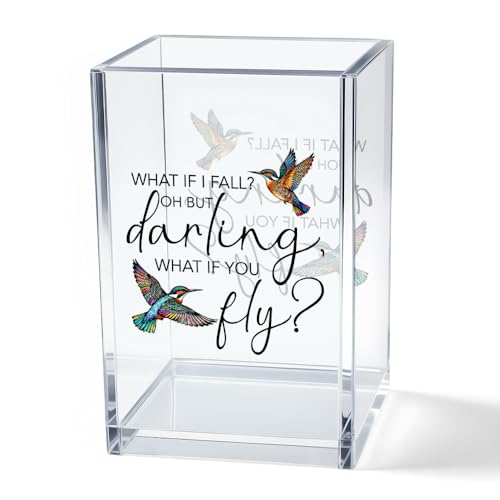 What If I Fall What If You Fly Acrylic Cosmetic Pencil Pen Holder Cup, Hummingbird Lover Gifts Desk Organizer Accessory for Office Decor, Inspirational Gifts for Women Girl Coworker Boss Friend - style: What If