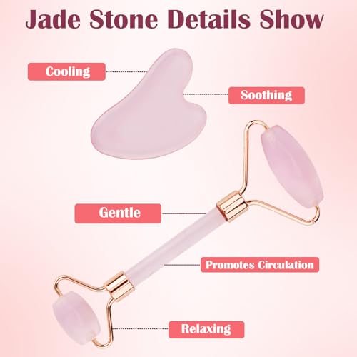 CUBACO Spa Headband and Wristband Set for Women with Ice Jade Roller and Gua Sha, Skin Care Set Tools Puffy Makeup Headband Teen Girl Gifts Trendy Stuff Hair Accessories for Women - color: Pink