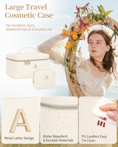 Custom Initial Cosmetic Bag 2‑Piece Set for Women Teen Girls, Beige E - size: E