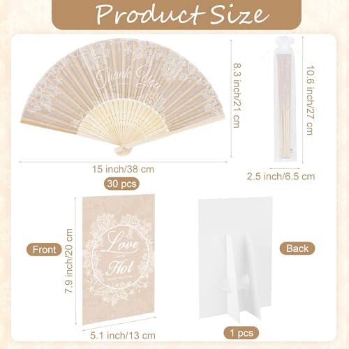 Aneco 30 Sets White Lace Wedding Folding Fans, Bamboo Handheld Folding Fans with Organza Bags Table Sign, Thank You Vintage Silk Handheld Fan for Bridal Shower Wedding Party Decorations - color: White Lace