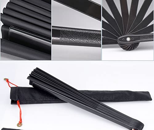 Folding Fan Black Large Hand Fan Chinese Kung Fu Tai Chi Hand Held Plastic-Nylon Folding Fans for Men with a Fabric Case for Protection 13inch - color: Black with Case