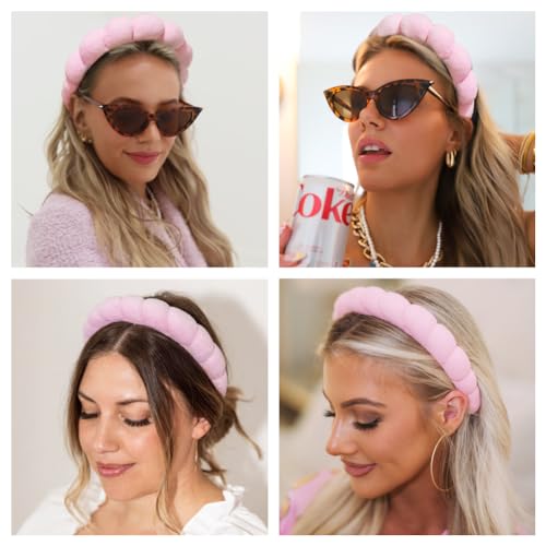 AOENJIE Spa Headbands for Washing Face or Makeup, Sponge Bubble Skincare Headbands, Puffy Terry Cloth Hairband for Women, Skin Care Makeup Headwear Hair Accessories for Girls(Pink) - color: Pink
