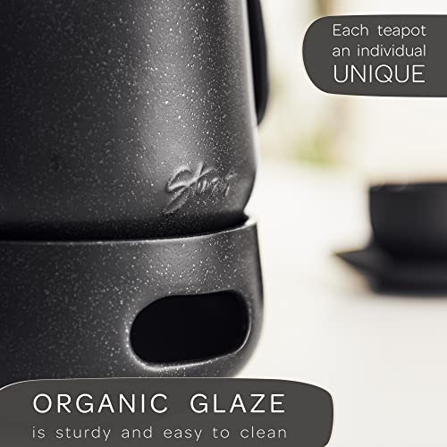 Steinzeit Design Tea Pot with Warmer (44 oz) - Premium Ceramic Teapot with Infuser for Loose Tea - Black Teapot Ceramic with Removable Steamer - size: 44 oz with warmer
