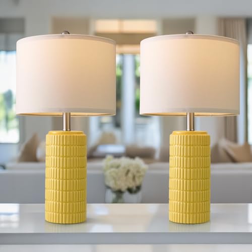 PoKat 23" Yellow Table Lamps Set of 2, Modern Living Room End Table Lamps Decor, Ceramic Lamps for Living Room, Contemporary Nightstand Lamps for Side Console Table Hallway Gift - color: Yellow