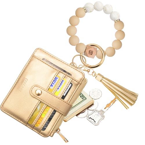 COOLANS Silicone Bracelet Wristlet Wallet Credit Card Holder RFID ID Window Key Ring Tassel Slim Wallet Women Keychain Purse - color: Light Gold