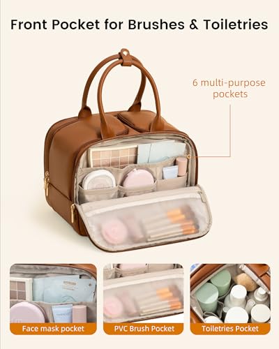 LOVEVOOK Large Makeup Bag for women, Leather Travel Toiletry Bag - color: Brown