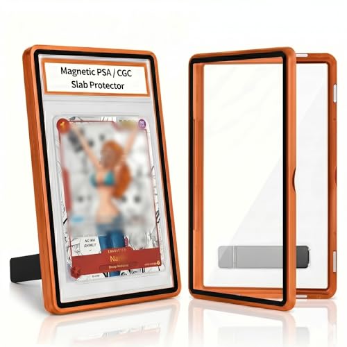 Magnetic PSA/CGC Slab Protector with Foldable Kickstand - UV Protection Tempered Glass & Aluminum Metal Bumper for 35PT PSA CGC CSG AGS, 9-Point Secure Lock Display Guard & Clear View (Orange) - color: Orange, size: PSA Card Case