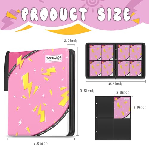 Trading Card Binder 4 Pocket,Card Binder 400 Pockets,Card Book Holder Cards with 50 Removable Sleeves,3-Ring Zip Design MTG/TCG/Sport Collectible Trading Card Albums Gifts for Boys and Girls (Pink) - color: Pink, size: Small