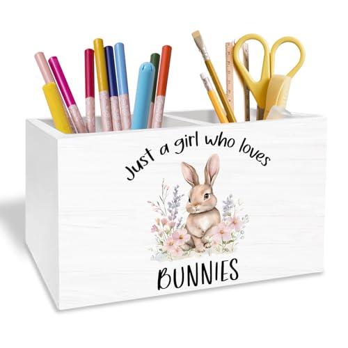 Floral Bunny Pen Holder for Desk, Rabbit Bunny Lovers Gifts Pencil Organizer, Just a Girl Who Loves Bunnies Wooden Box Sign Desk Decor for Home Office Decoration - color: BUNNY