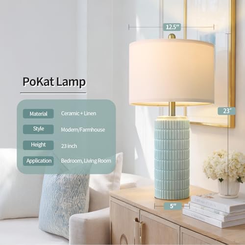PoKat 23" Light Blue Table Lamps Set of 2, Modern Bedside Lamps for Bedroom, Coastal Ceramic End Table Lamps for Living Room, Ocean Nightstand New Home Decor Lamps - color: Light Blue