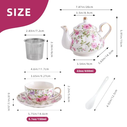 Flowers Ceramic Tea Set，Tea Sets for Adults, with Teapot, Spoons, Cup and Saucer for Tea Party (Pink And Purple Flowers) - color: Pink And Purple Flowers