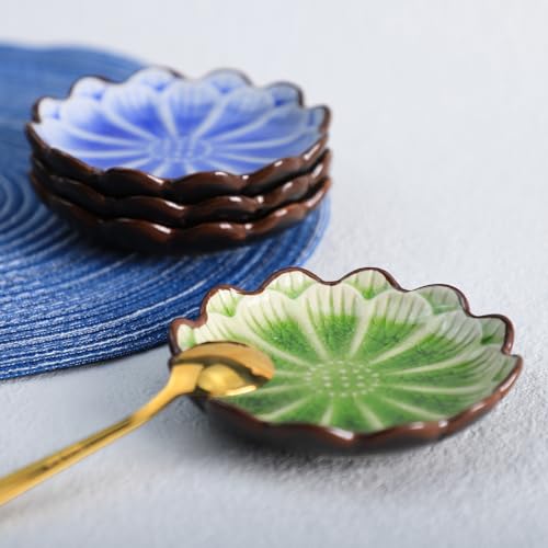 Gaolinci 4 Inches Lotus Shaped Ice Crack Ceramics Seasoning Dishes/Tea Bag Holders/Ketchup Saucer/Appetizer Plates/Vinegar Spice Salad Soy Sushi Wasabi Seasoning Dipping Dishes (Set of 4)