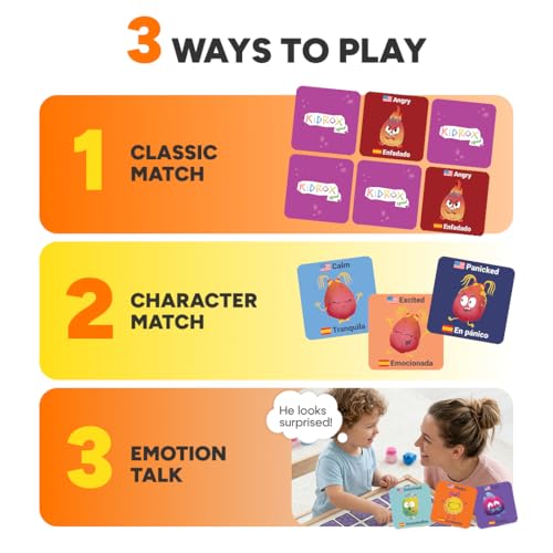 Kidrox Emotions Matching Game – Bilingual Memory Card Game in English & Spanish for Kids Ages 3+ | Learn & Mimic Emotions with Kidrox Squad | Premium Magnetic Box | 40 Tiles - color: Emotions