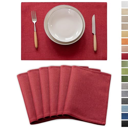 Demetex Placemats Set of 6 Red Linen Wipeable Place Mats Heat Resistant Cloth Placemats for Dining Table Restaurants Holiday, 13 x 19 inches, Wine Red - color: Red, size: Placemats set of 6