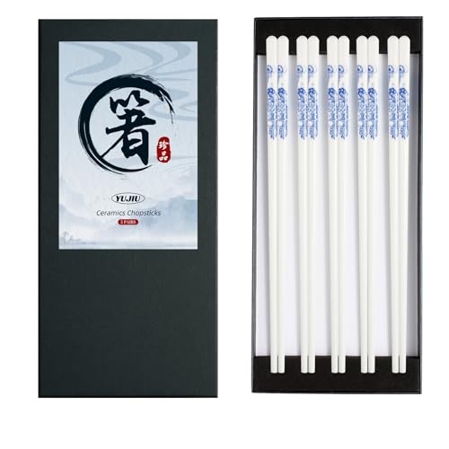 Porcelain Chopsticks Set of 5 Pairs, Reusable Bone Ceramic Chopsticks, Dishwasher Safe, Non-Slip Design, Elegant Gift Box for Family or Restaurant Use (Lantern flower) - color: Lantern flower