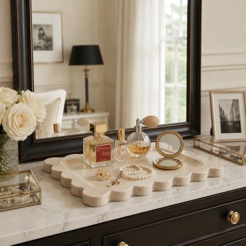 Koville Romano Travertine Vanity Tray, 11"x8" Natural Stone Organizer Tray for Countertop Bathroom Kitchen Dresser, Marble Decorative Scalloped Tray for Jewelry Cosmetics Perfume Trinket(Beige) - color: Travertine, size: 11" x 7.9" x 0.7"