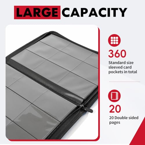 Trading Card Binder, 9 Pockets Card Album Folder, 360 Side Loading Pocket PU Cover with Zipper Binder for TCG, Sport Cards (Red)