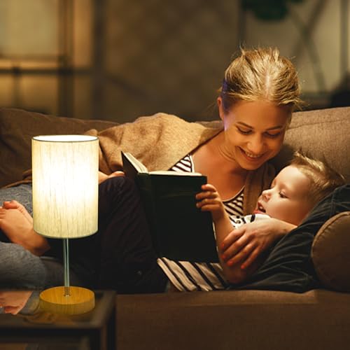 RISLG 2 Pack Small Table Lamps, Bedside Lamps for Nightstand with Wire Switch, Modern Minimalist Desk Lamp with Linen Fabric Shade for Dorm Kids Room Living Room Office Bedroom, Bulb Included-L - color: 2 Pack Beige-Wood, size: 15.4in
