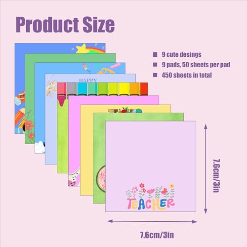 9 Pads Cute Sticky Notes Set, 3" x 3" Self Stick Notepads, Funny Sticky Notes Set, Teacher Stationery, Kawaii Adhesive Memo Pads, Teacher Gifts, Office Decor Desk Accessories School Supplies - color: Multicolor