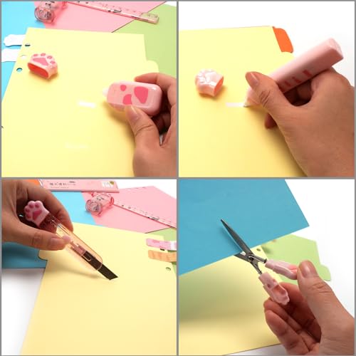 9 Pcs Cute Cat Paw Stationery Set Pencil Sharpener Retractable Eraser Correction Tape Sticky Notes Ruler Mini Scissors Utility Cutter School Office Supplies (Pink1)