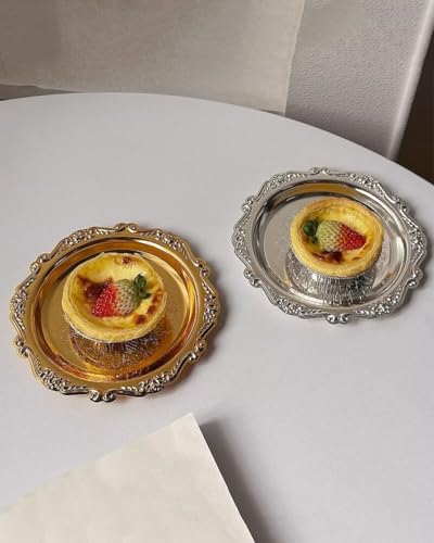 2PCS Coffee Table Tray 5.9in Round Decorative Tray Vintage Metal Dessert Plates for Snacks Fruit Silver - color: Silver, size: 5.9 in