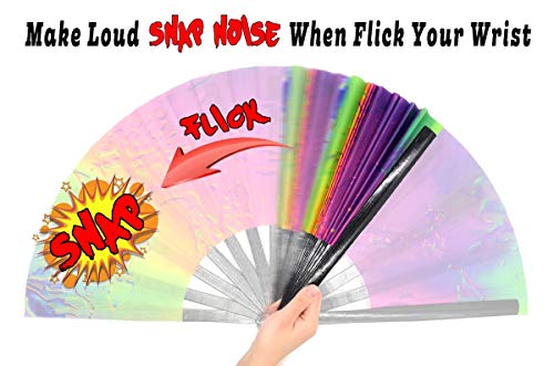OMyTea Bamboo Large Rave Folding Hand Fan for Men/Women - Chinese Japanese Handheld Fan with Fabric Case - for Electronic Dance Music Festival Party, Performance, Decorations, Gift (Iridescence) - color: Iridescence