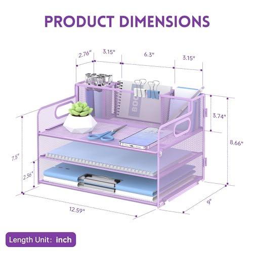 3-Tier Desk Organizer with Pen Holder and Handles, Paper Organizer, Purple - color: Purple