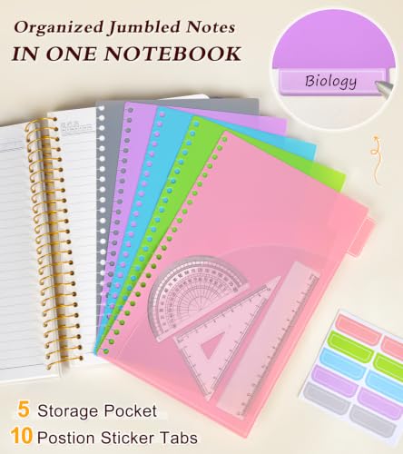 5 Subject Notebook College Ruled 240 Pages, A5(5.8"x8.3") Hardcover Spiral Notebook with Removable Dividers Tabs, Lined Spiral Journal Notebook for Women, Notebooks for Work School，ButterflyBouquet - color: -Butterflybouquet, size: A5
