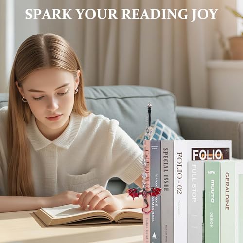 Fourth Wing Dragon Sword Cute Bookmark Book Mark for Reading Women Gifts - color: Silver Red