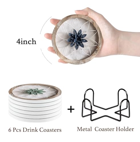 Nikyi 6 Pcs Rustic Wooden Metal Flower Art Ceramic Absorbent Coasters, Round Drink Coaster with Metal Holder and Cork Base, for Coffee Table Kitchen Bedroom Living Office Desk Home Decor or Gifts - color: Rustic Wooden Metal Flower Art