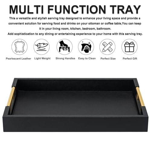 Black Rectangle Serving Tray with Gold Handles for Party,Large Wood Decorative Tray for Ottoman,Faux Leather Coffee Table Tray Decor - color: Black, size: 17" x 12" x 2"