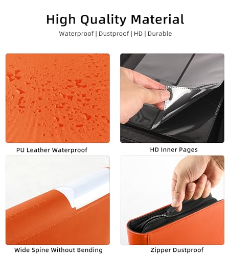 Top Loader Binder, Holds 128 Cards, 4 Pocket Zipper Binder for 3" x 4" Top Loader, Ringless Side-Loading Pages, Collectible Sports & Hard Sleeve Card Album (Bright Orange) - color: Orange