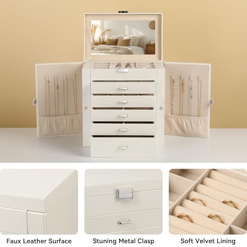 Frebeauty 6-Layer Jewelry Box for Women,Large Jewelry Organizer with Drawer - color: Pearl White, size: Large