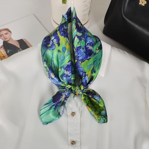 Women 100% Mulberry Silk Neck Scarf 21" Square Floral Neckerchief - color: Blue Green Iris