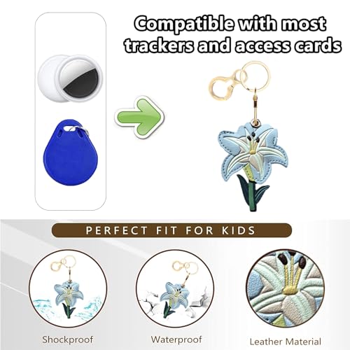 BORKUANA PU Leather Keychain holder Protective Case Compatible with AirTag - color: Blue Lily
