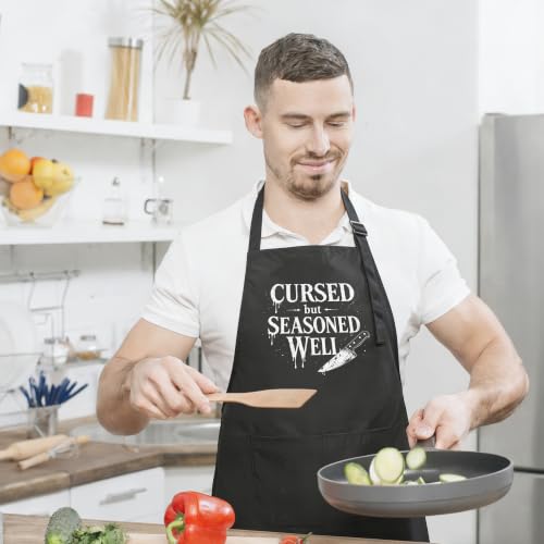 Funny Apron for Men Women,Humorous Kitchen Apron- Grilling Cooking BBQ Accessories, Gift for Dad Husband - color: Cursed But Seasoned Well