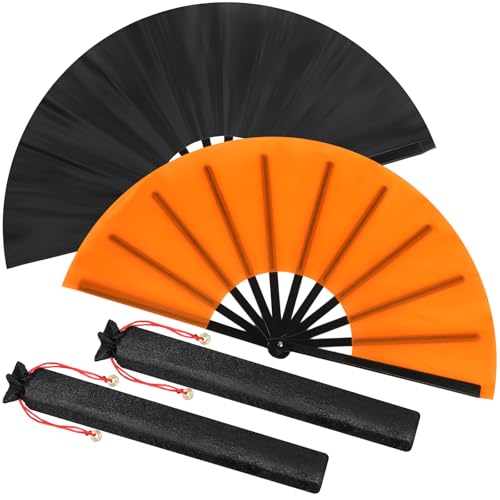 Maitys 2 Packs Large Folding Hand Fans, 13'', Black and Orange - color: Black and Orange