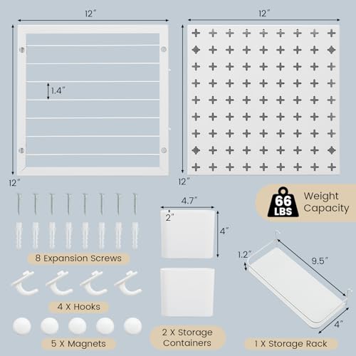 Goplus Peg Board, Metal Pegboard Kit with 2 Pegboard Panels, 12 Accessories, Storage Rack, 2 Storage Containers, Magnets & Hooks, White Pegboard Wall Organizer for Office Kitchen Home