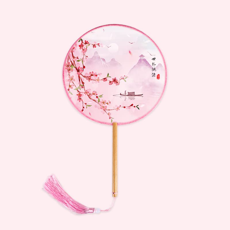 BAOZOON 3 Pcs Silky Translucent Ancient Round Fan Classic Silk Hand Held Fan Floral Pattern Palace Paddle Dance Fan with Tassel Wooden Handle Wedding Favor Gift Home Decor - color: Color#7