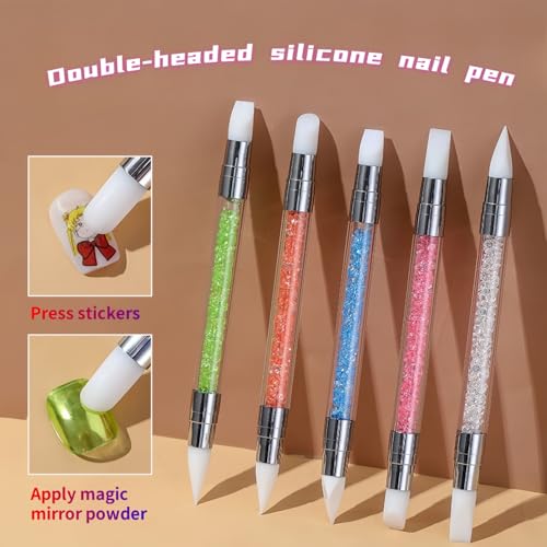 5Pcs Dual-Tipped Silicone Nail Art Pens, 5Pcs 2-Way Dotting Tools for Resin, Foil, Carving, Drawing & Shaping - Professional Nail Design Kit for Home & Salon