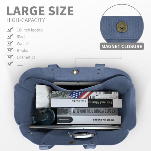 HOMESPON Large Canvas Tote Bag, Magnetic Work Laptop Pack for Women - color: Blue