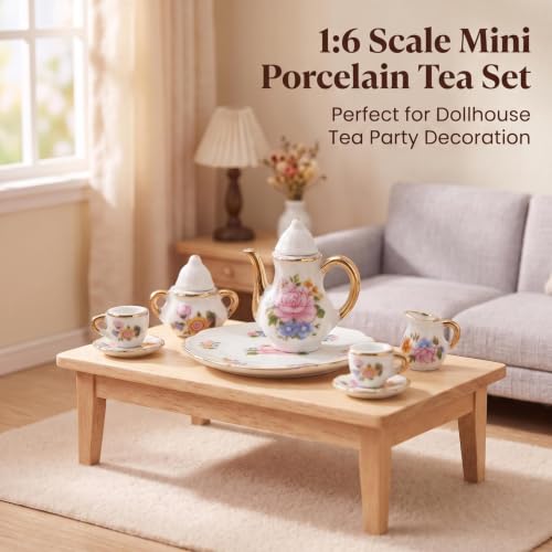Miniature Tea Set 1/6 Scale Dollhouse Accessories Porcelain, Light Pink - color: Light Pink