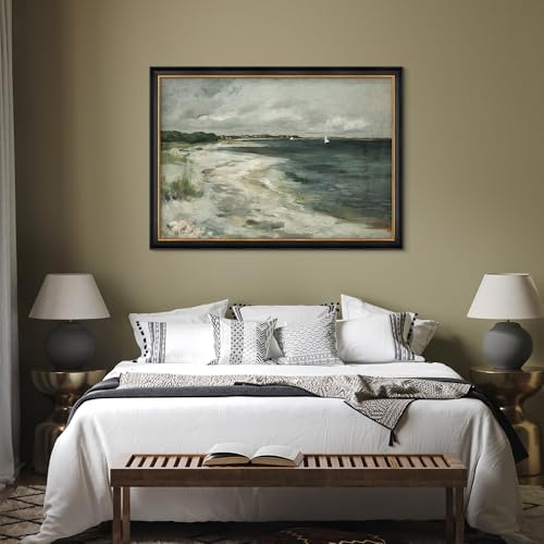 MUDECOR Premium Framed Wall Art Ocean Wave Beach Shore Landscape Nature Wilderness Illustrations Fine Art Decorative Farmhouse/Country Multicolor Zen for Living Room, Bedroom, Office - 26"x36" Black - color: A07-2308-na33, size: 36"L x 26"W, style: Black