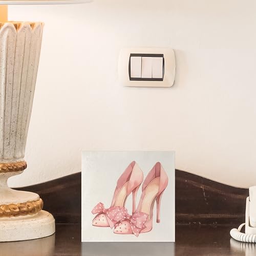 Coquette Pink Bow High Heels Wooden Box Sign, Coquette Preppy Girly Room Decor, Pink Girly Wood Signs for Girls Room Dorm Apartment Desk Table Shelf Decor, 5x5 Inch - color: E-High Heels