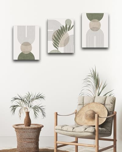30x40CM Sage Green Boho Wall Art,Framed Canvas Bathroom Wall Art Pictures, Mid-Century Modern Wood Framed Abstract Prints for Bedroom,Minimalist Office Wall Decor 3Pack - color: Sage Green-Framed, size: 16"L x 12"W