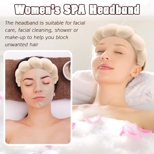 Zkptops Spa Headband for Women Sponge Makeup Skincare Headband Washing Face Wristband Set Terry Cloth Bubble Soft Get Ready Hairband Puffy Padded Headwear Non Slip Thick Hair Accessory(Beige) - color: YR Beige