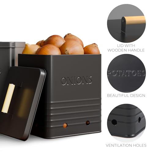 Beautiful Potato and Onion Storage Container Set - Food Safe Metal Bins - color: Black