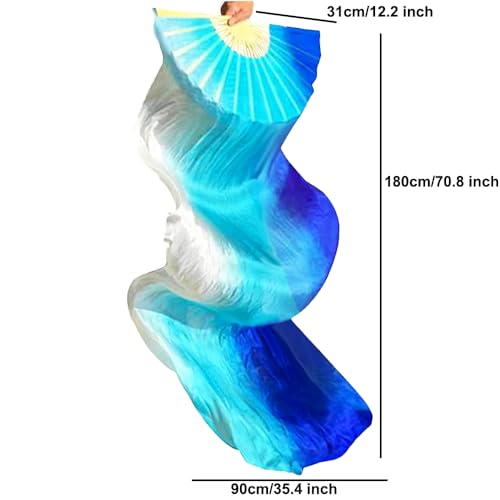 BRYCTSISEN Silk Belly Dance Fan Veil 2 Pairs Long Performance Folding Fan - color: Gradual Yellow+Gradual Blue