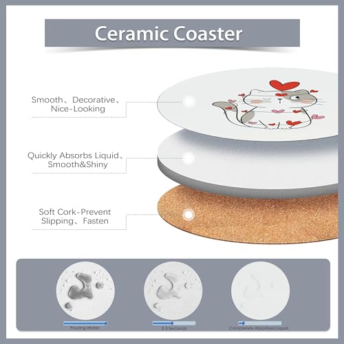 6 Pcs Coasters for Drinks with Holder,Sweet Cat in Love Cute Absorbent Coaster with Cork Backing,Great Gift for Housewarming,Room Decor,Bar,Holiday Party - color: Sweet Cat in Love Cute